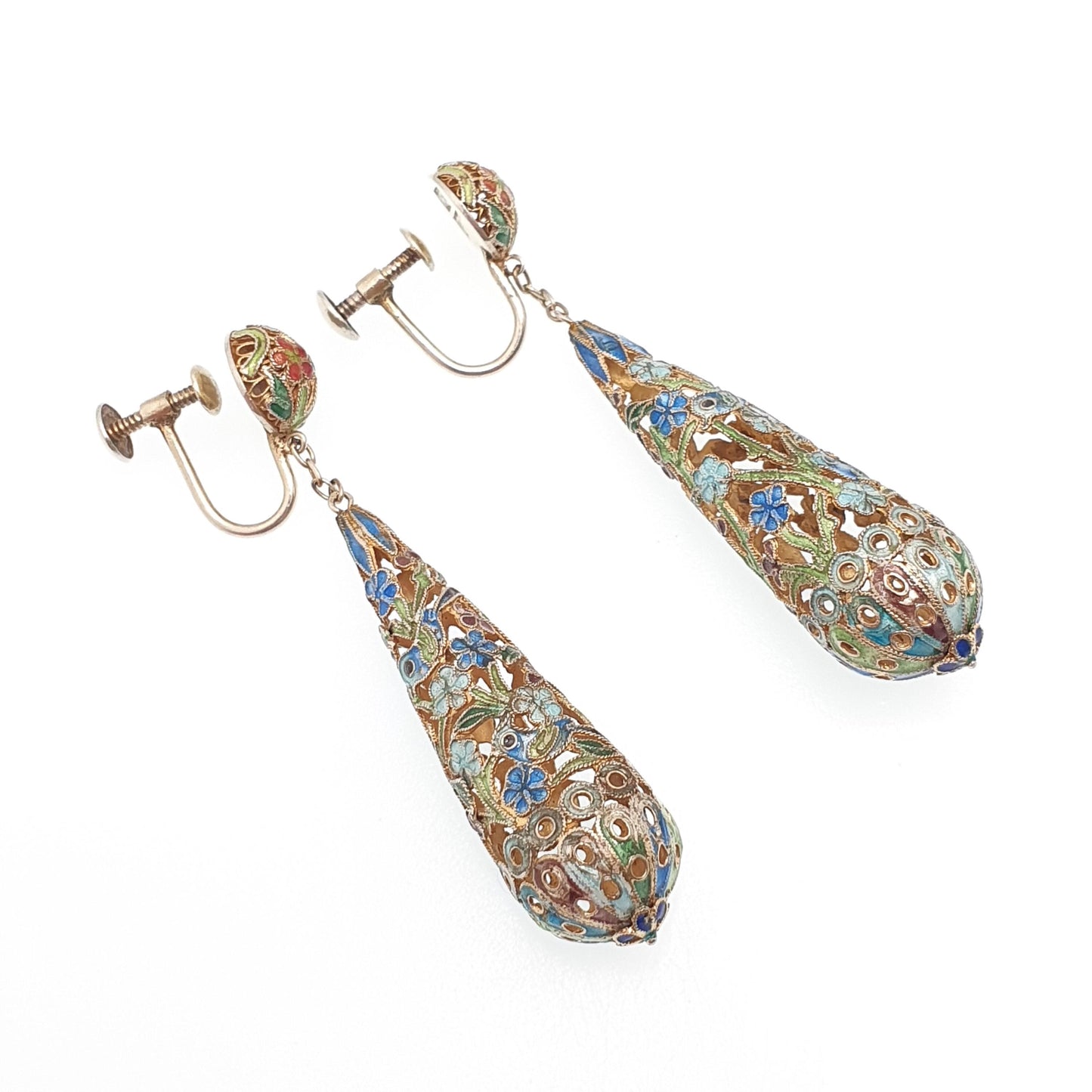 Old Vintage Chinese Enamel Earrings Sterling Silver Gold Vermeil Teardrop Hanging Dangling Elegant Asian Colourful Womens Jewelry Jewellery
