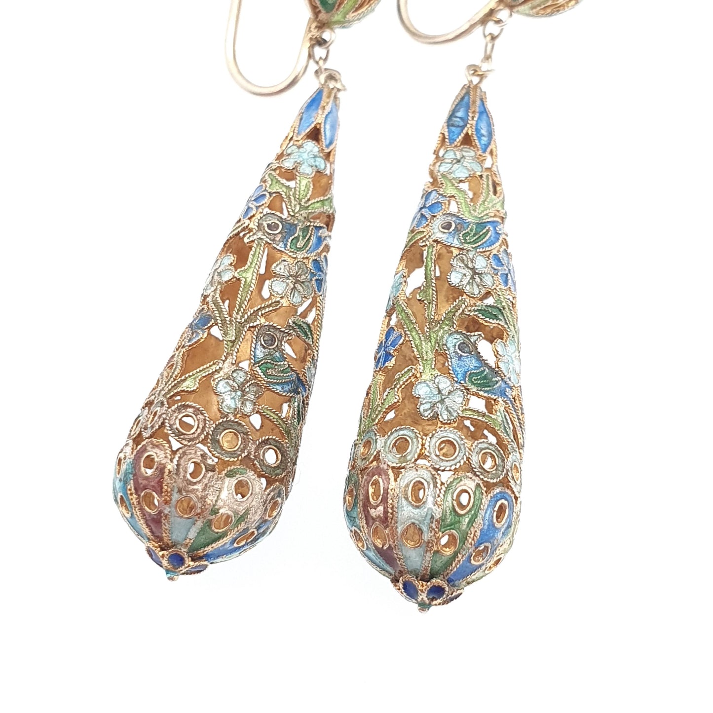 Old Vintage Chinese Enamel Earrings Sterling Silver Gold Vermeil Teardrop Hanging Dangling Elegant Asian Colourful Womens Jewelry Jewellery
