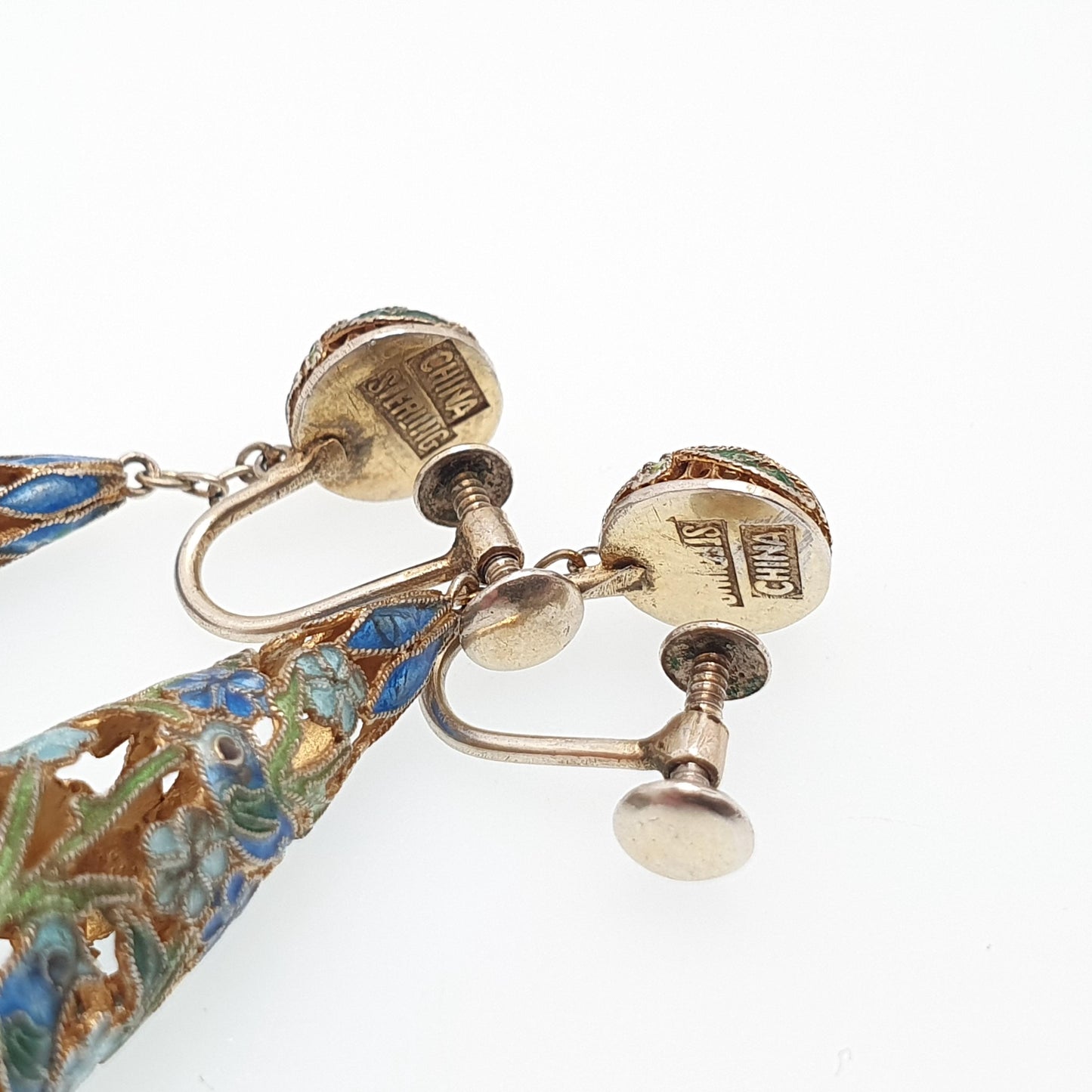 Old Vintage Chinese Enamel Earrings Sterling Silver Gold Vermeil Teardrop Hanging Dangling Elegant Asian Colourful Womens Jewelry Jewellery