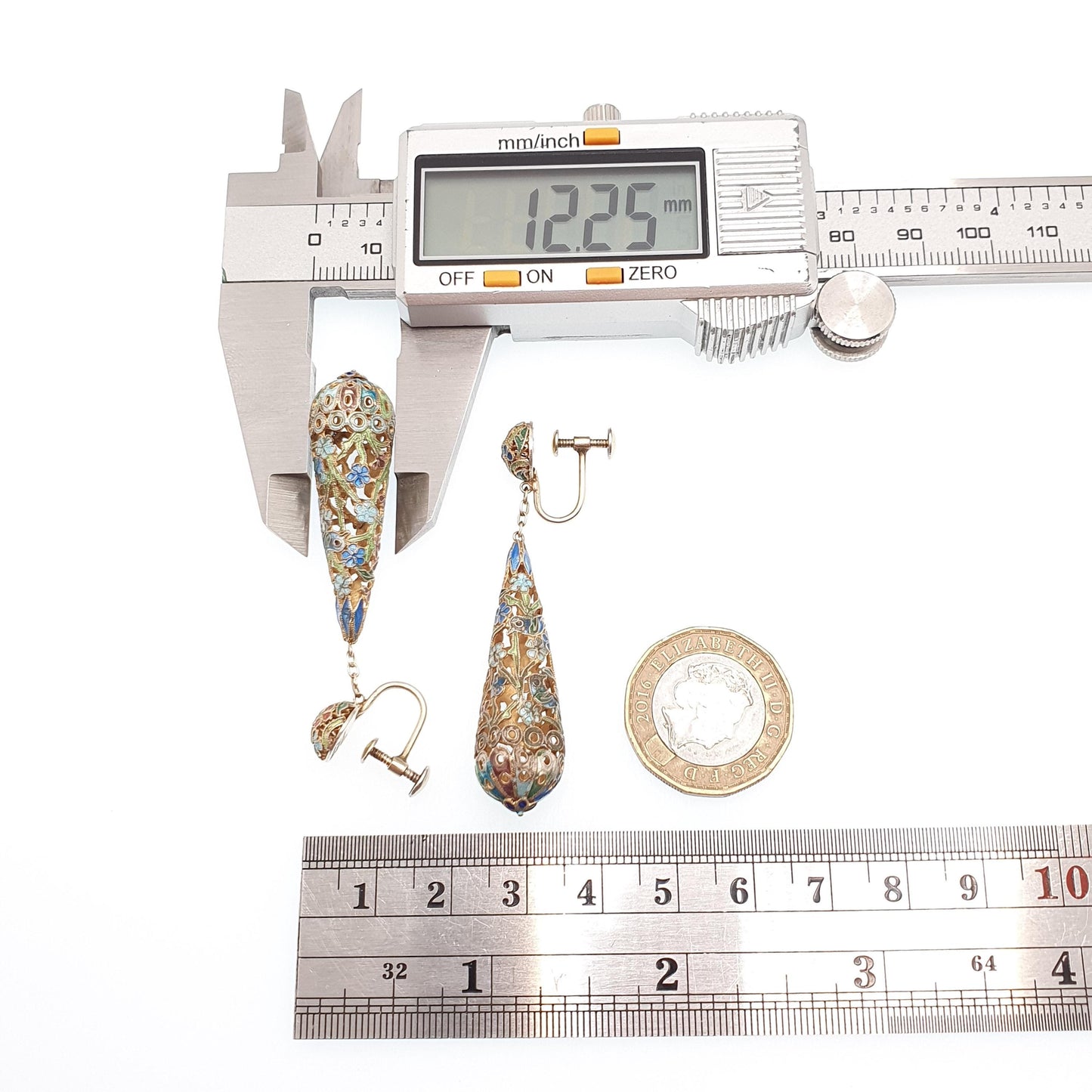 Old Vintage Chinese Enamel Earrings Sterling Silver Gold Vermeil Teardrop Hanging Dangling Elegant Asian Colourful Womens Jewelry Jewellery