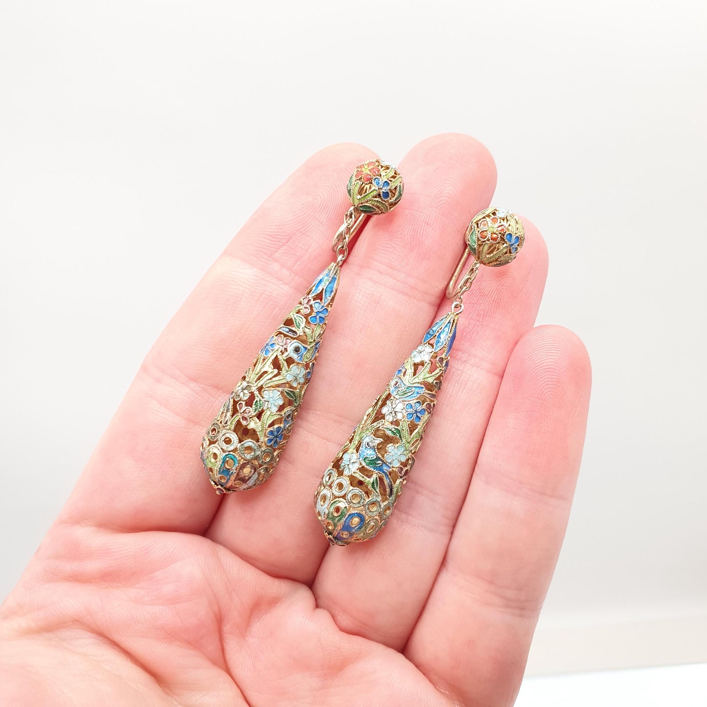 Old Vintage Chinese Enamel Earrings Sterling Silver Gold Vermeil Teardrop Hanging Dangling Elegant Asian Colourful Womens Jewelry Jewellery