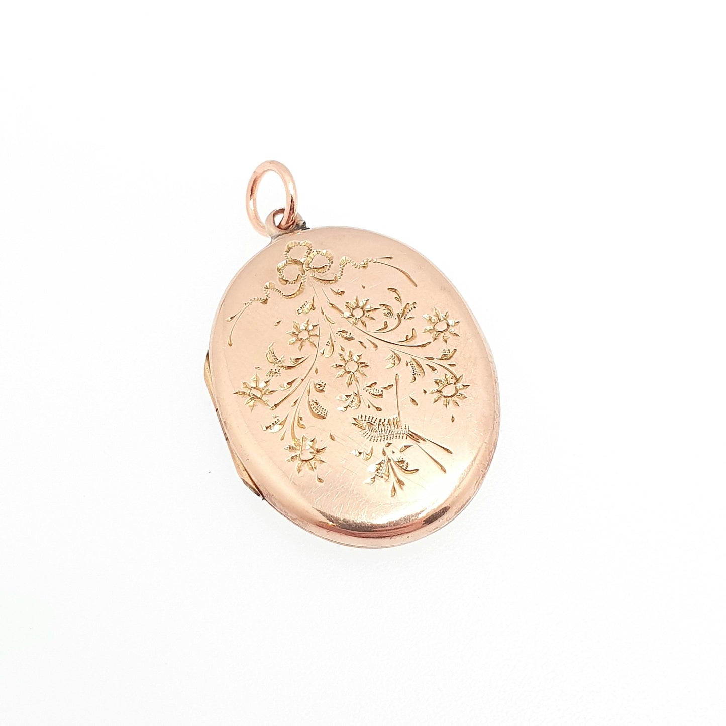 Antique 9ct Rose Gold Bird Locket Solid 9k 375 Oval Bow Engraved Pendant Fine Estate Love Gift Back Front Necklace Jewelry Womens Jewellery