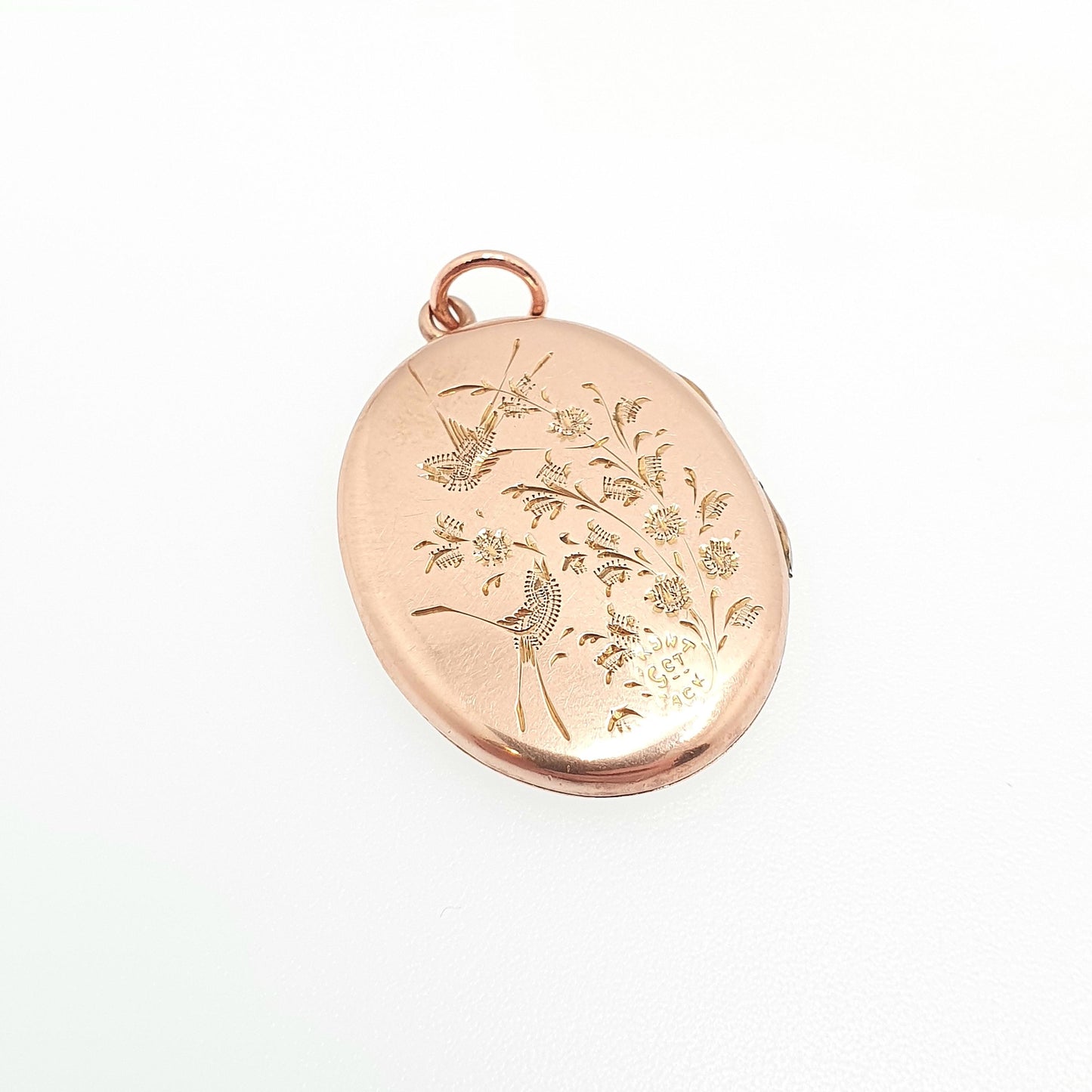 Antique 9ct Rose Gold Bird Locket Solid 9k 375 Oval Bow Engraved Pendant Fine Estate Love Gift Back Front Necklace Jewelry Womens Jewellery