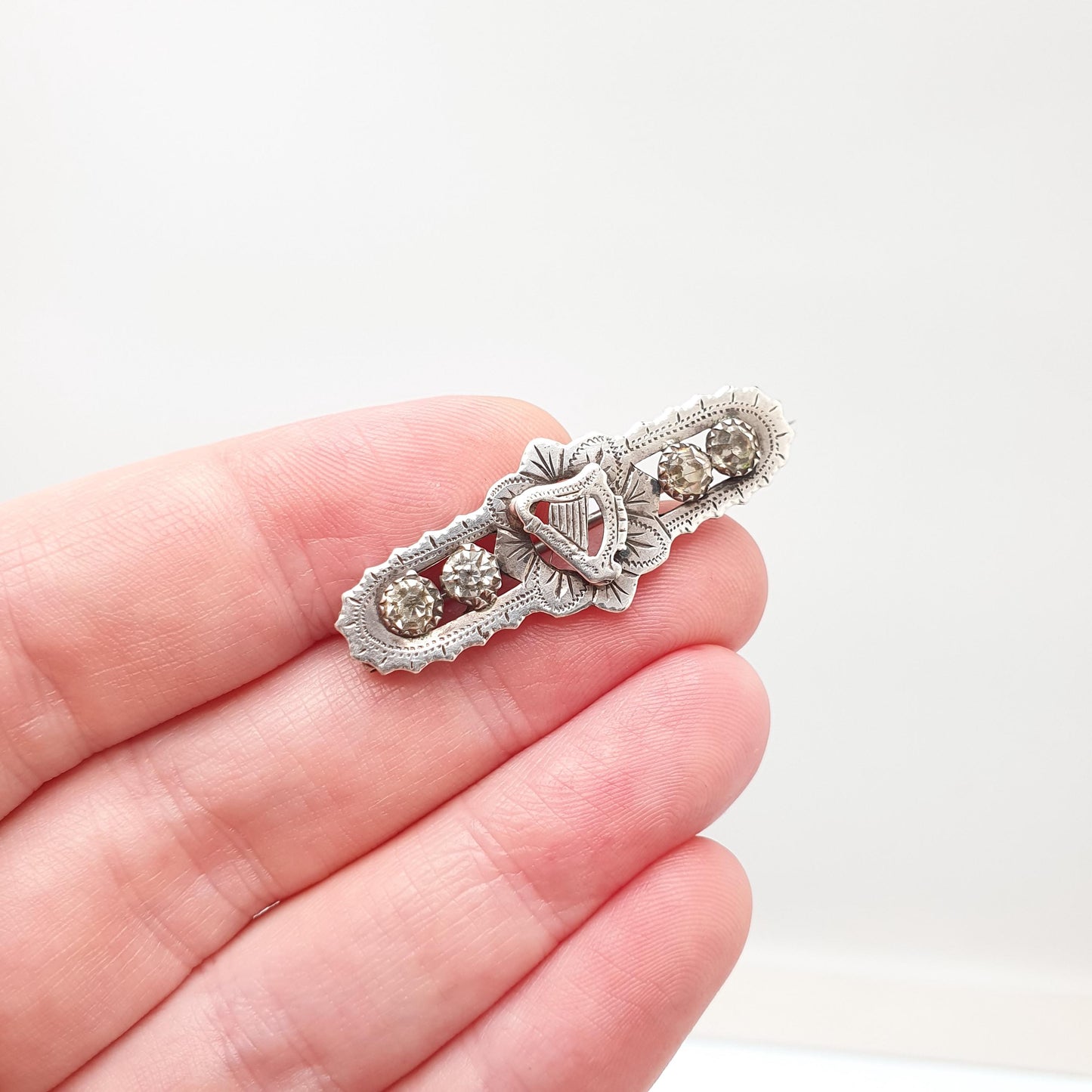 Antique Sterling Silver Hard Brooch Diamond Paste 1876 Hallmark Victorian Sweetheart 925 Musical Music Vintage Womens Jewelry Jewellery