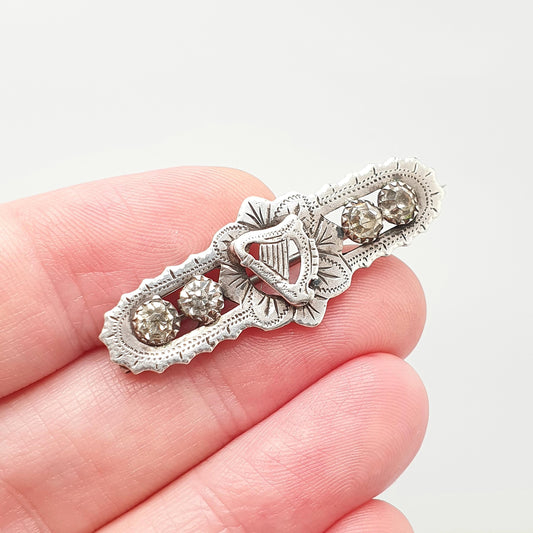 Antique Sterling Silver Hard Brooch Diamond Paste 1876 Hallmark Victorian Sweetheart 925 Musical Music Vintage Womens Jewelry Jewellery