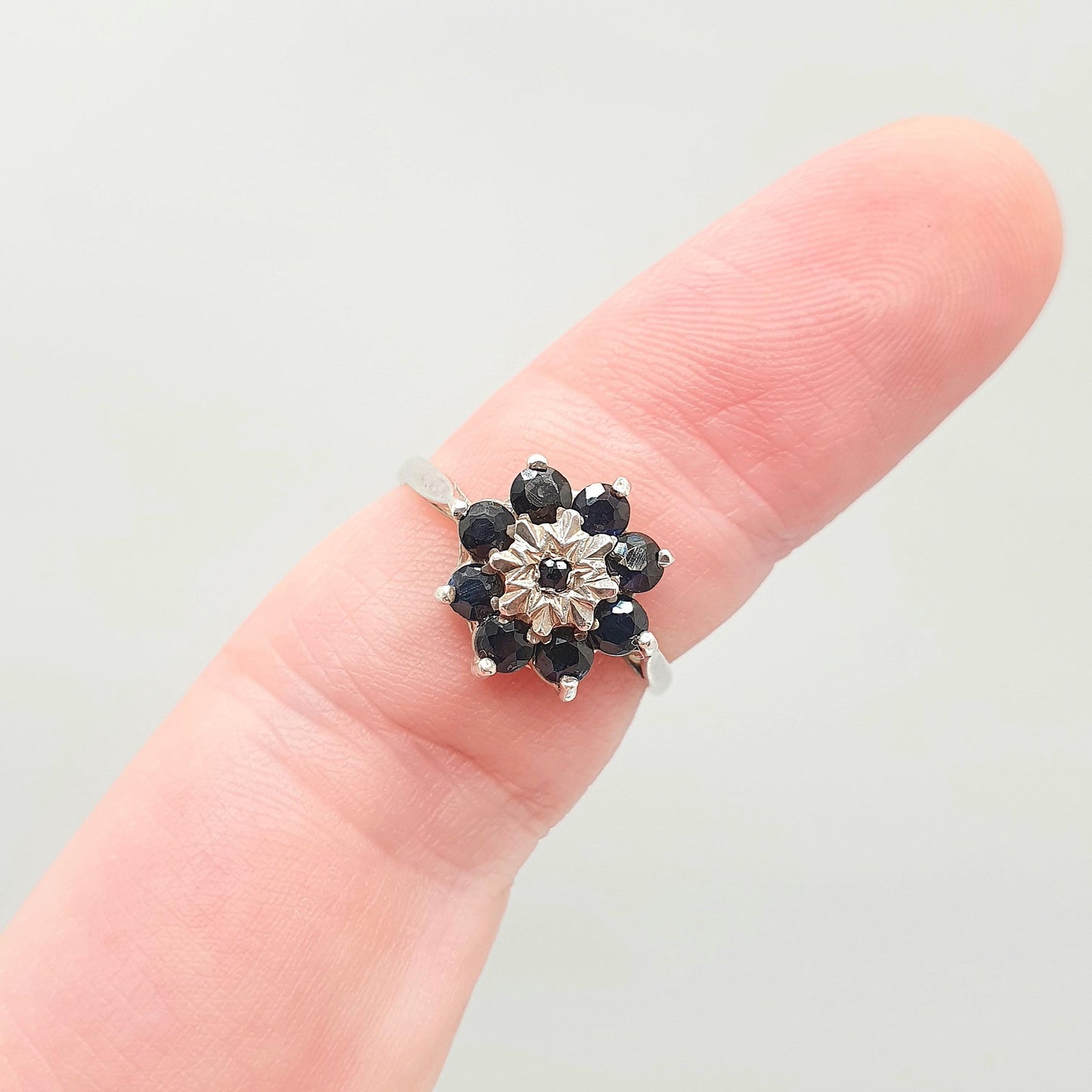 Vintage Sterling Silver Sapphire Ring Cluster Halo Dark Blue Gemstone 1980 Hallmark Sparkly Retro 925 Womens Girls Jewelry Jewellery