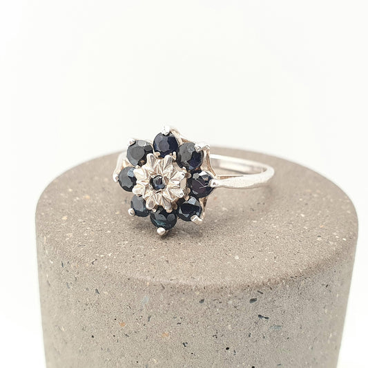 Vintage Sterling Silver Sapphire Ring Cluster Halo Dark Blue Gemstone 1980 Hallmark Sparkly Retro 925 Womens Girls Jewelry Jewellery