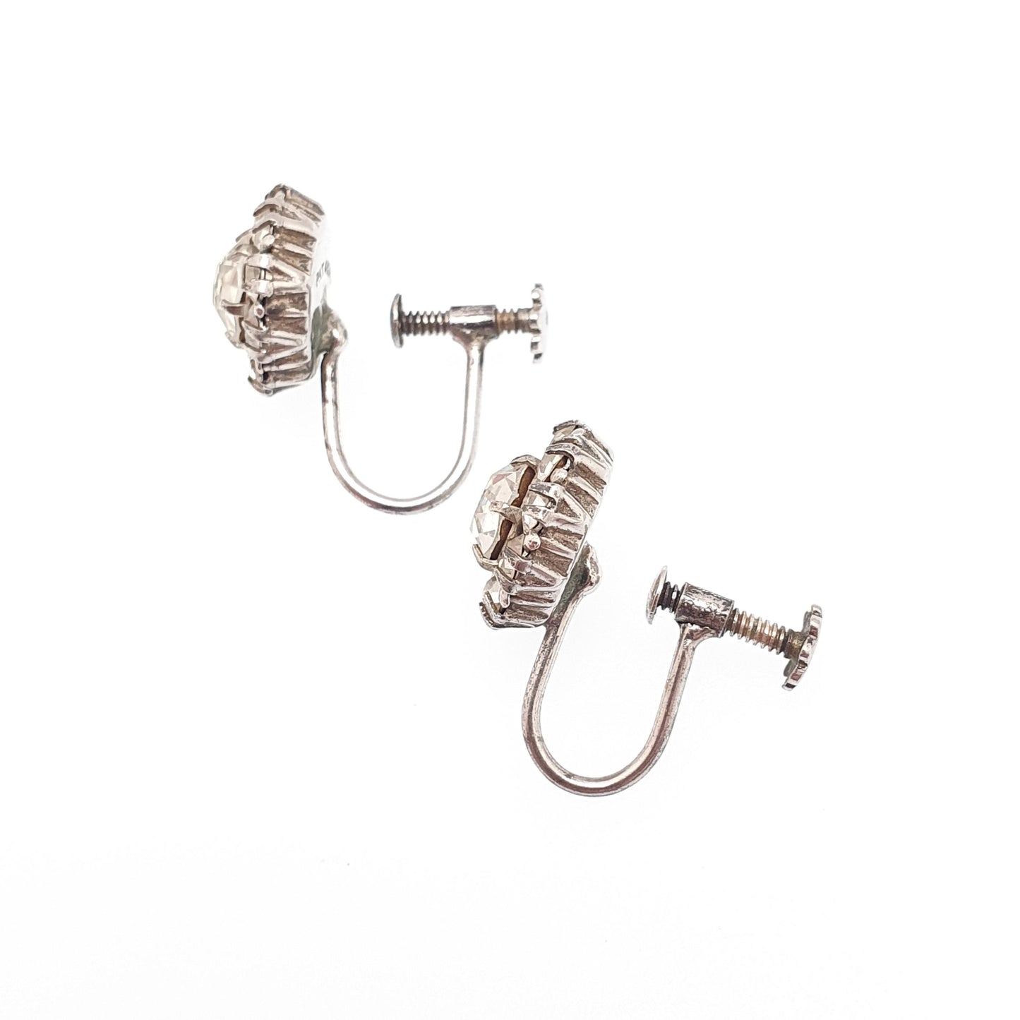 Antique Solid Silver Diamond Paste Earrings Cluster Screw Back Sparkly Foiled Glass Fine Edwardian Vintage Womens Jewelry Jewellery