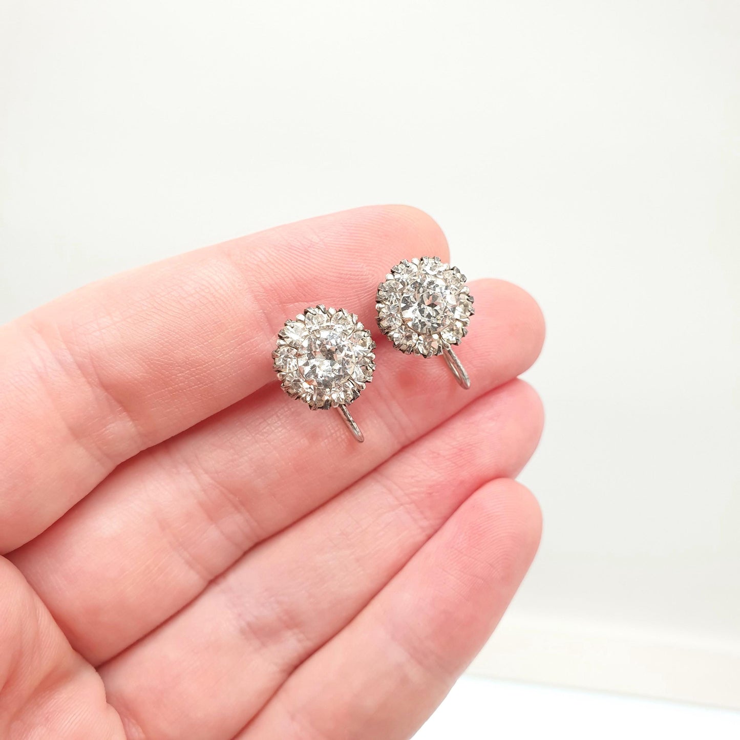 Antique Solid Silver Diamond Paste Earrings Cluster Screw Back Sparkly Foiled Glass Fine Edwardian Vintage Womens Jewelry Jewellery
