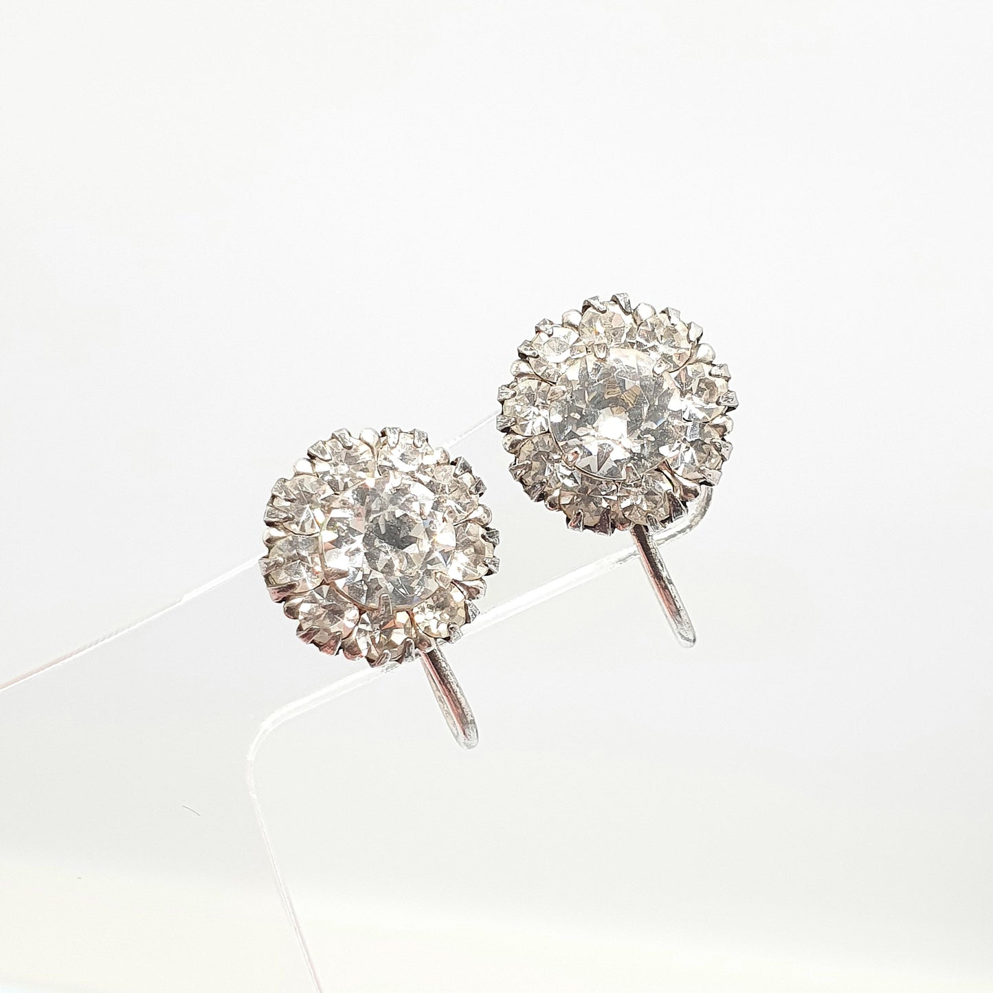Antique Solid Silver Diamond Paste Earrings Cluster Screw Back Sparkly Foiled Glass Fine Edwardian Vintage Womens Jewelry Jewellery