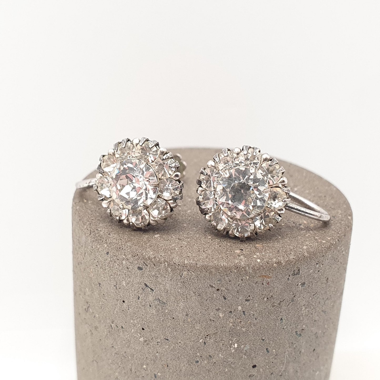 Antique Solid Silver Diamond Paste Earrings Cluster Screw Back Sparkly Foiled Glass Fine Edwardian Vintage Womens Jewelry Jewellery