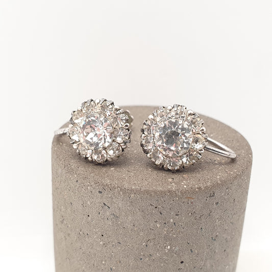 Antique Solid Silver Diamond Paste Earrings Cluster Screw Back Sparkly Foiled Glass Fine Edwardian Vintage Womens Jewelry Jewellery