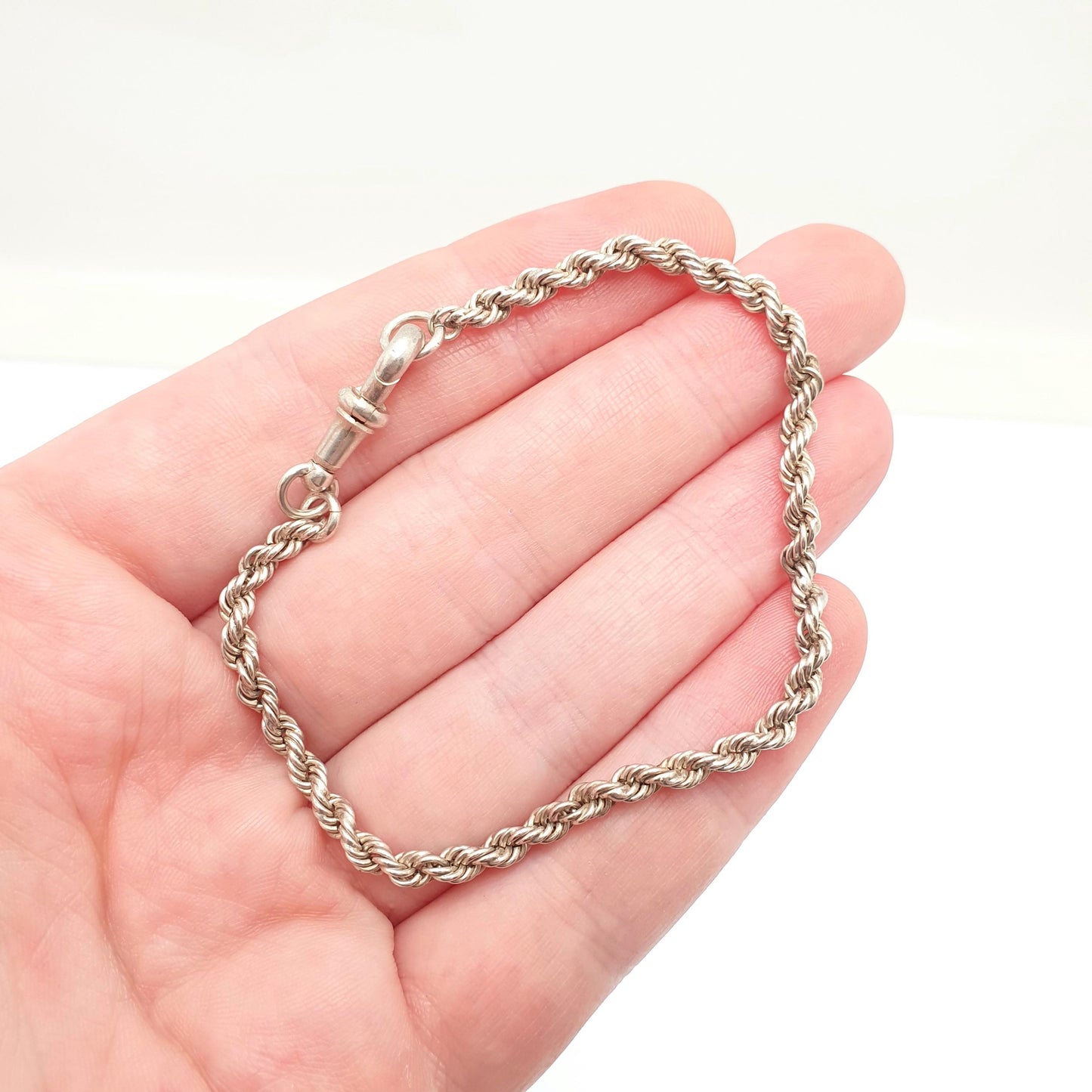 Antique Solid Silver Albertina Bracelet Victorian Rope Link Twist Helix Dog Clip Chain 5.02g 19.5cm Vintage Gift Womens Jewelry Jewellery
