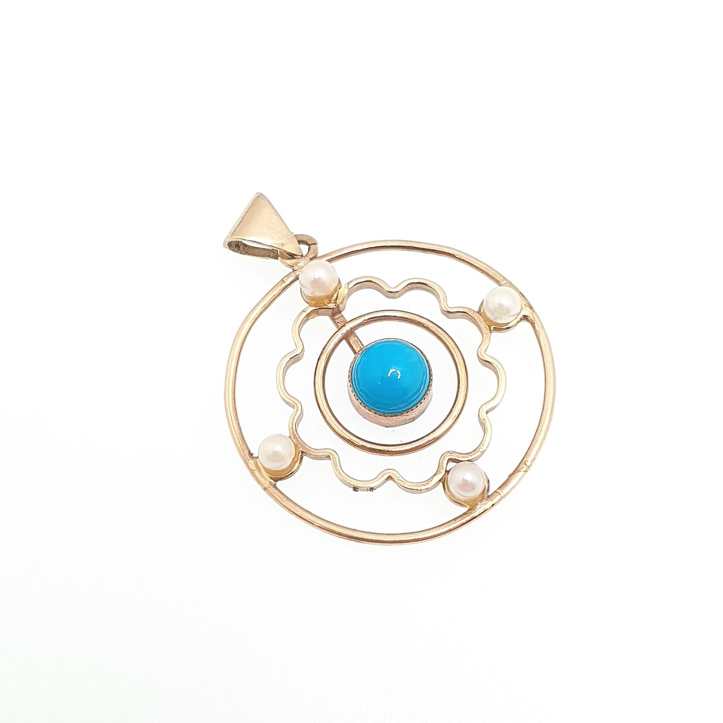 Antique Turquoise 9ct 9k Gold Pendant Necklace Seed Pearl Target Openwork Edwardian Lavaliere Gemstone Solid 375 Vintage Jewellery Jewelry