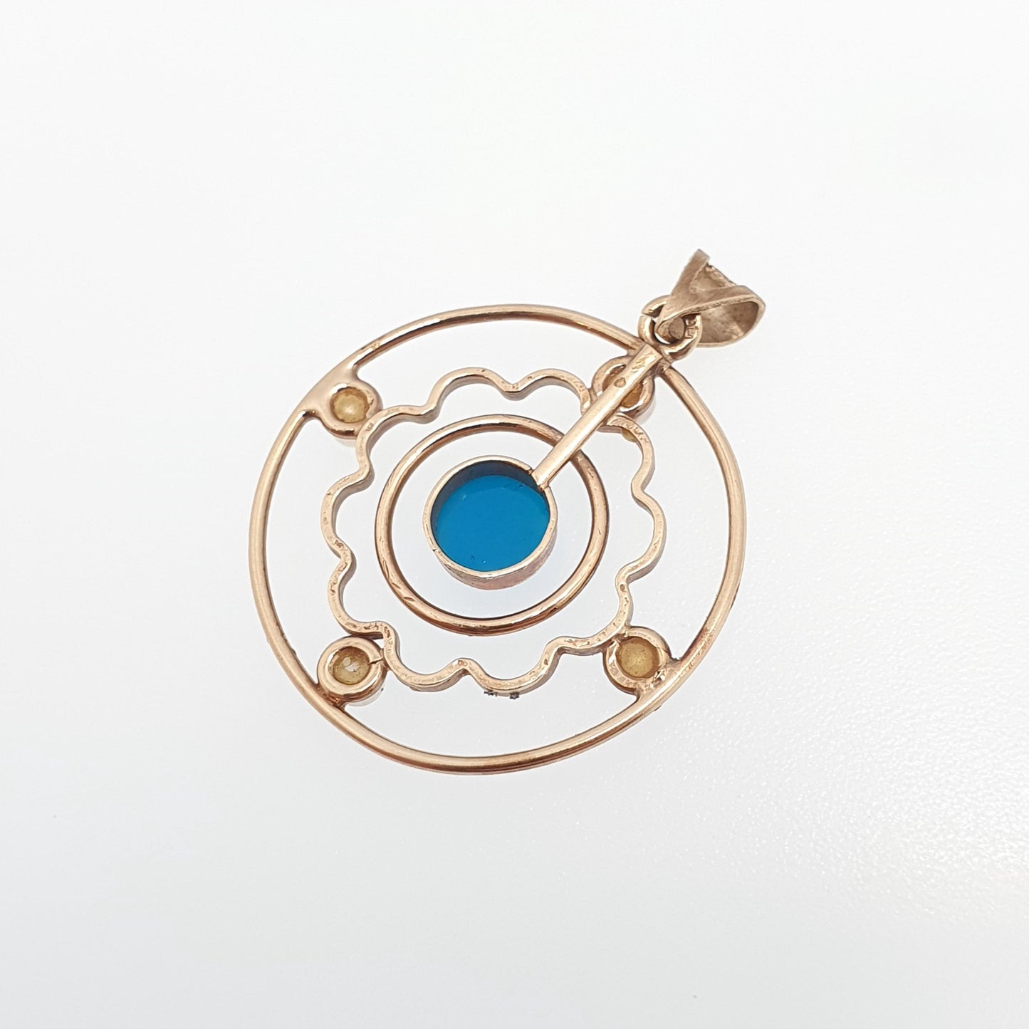 Antique Turquoise 9ct 9k Gold Pendant Necklace Seed Pearl Target Openwork Edwardian Lavaliere Gemstone Solid 375 Vintage Jewellery Jewelry