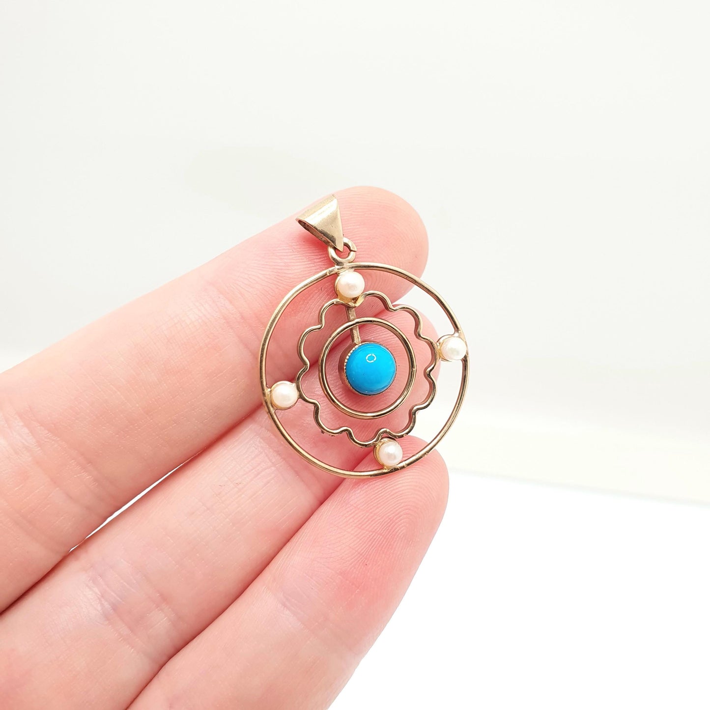 Antique Turquoise 9ct 9k Gold Pendant Necklace Seed Pearl Target Openwork Edwardian Lavaliere Gemstone Solid 375 Vintage Jewellery Jewelry