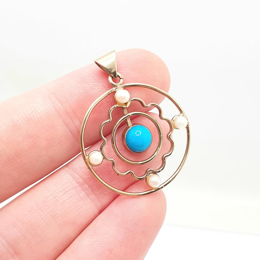Antique Turquoise 9ct 9k Gold Pendant Necklace Seed Pearl Target Openwork Edwardian Lavaliere Gemstone Solid 375 Vintage Jewellery Jewelry