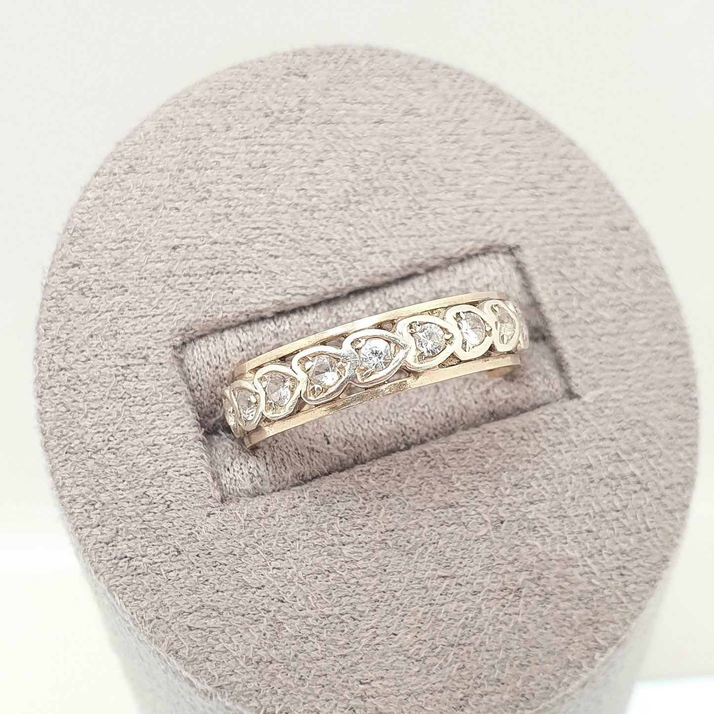 Antique Solid 9ct Gold Full Eternity Ring Heart Border White Spinel 9k 375 Band Sparkly Diamond Style Stacker Stacking Jewelry Jewellery