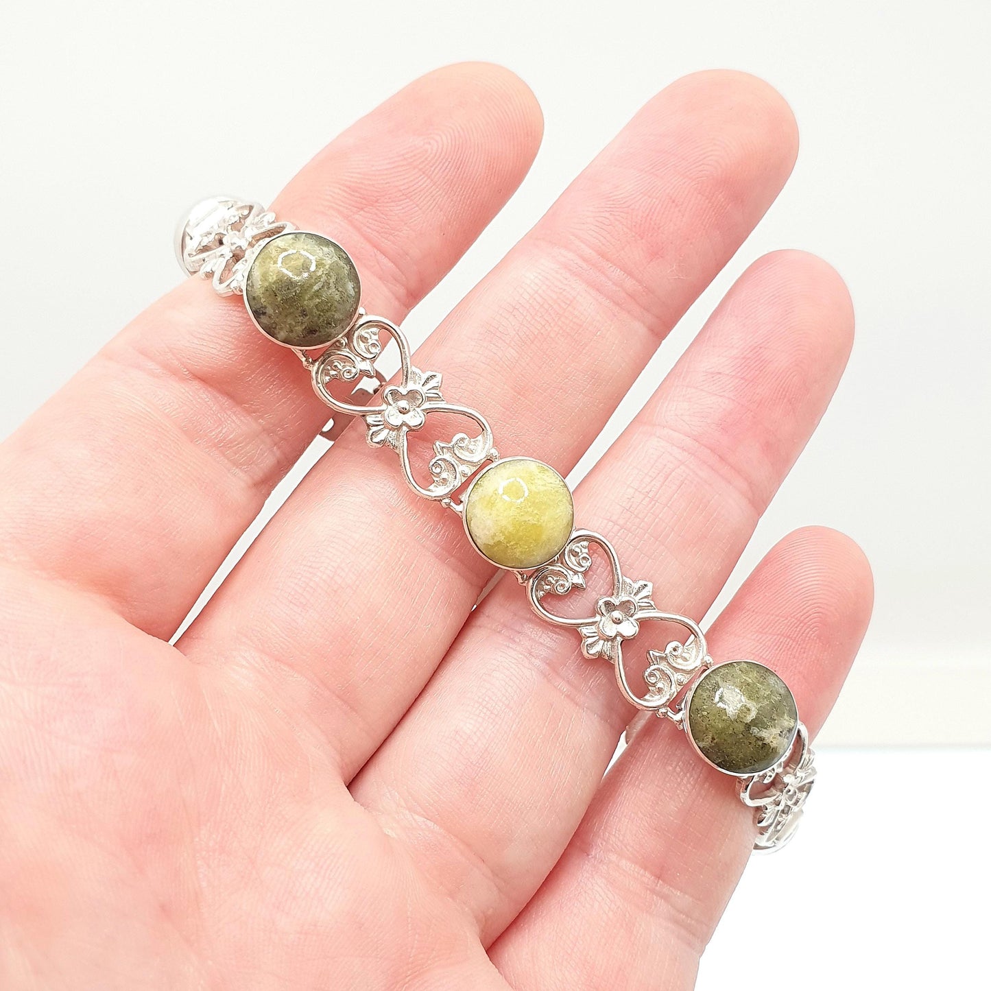 Antique Sterling Silver Connemara Marble Bracelet Celtic Irish Gaelic Flower Art Nouveau Style Solid 925 Womens Jewelry Jewellery
