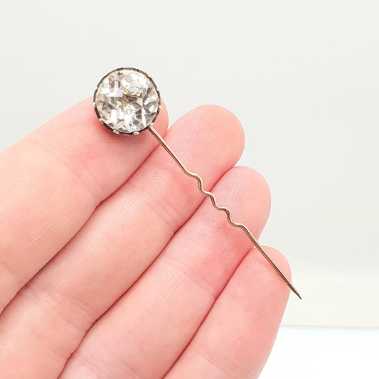 Antique Victorian 9ct Gold White Spinel Stick Pin Georgian Revival Crimped Solid Silver Head Large Big Gemstone Genuine Real Mens Jewelry