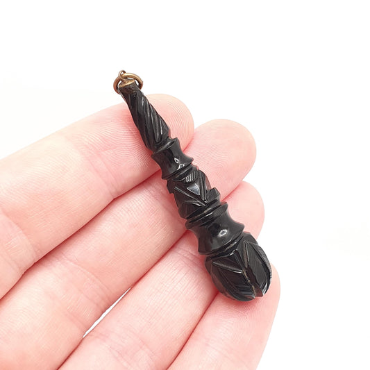 Antique Victorian Whitby Jet Pendant Necklace Hand Carved Teardrop Drop Dangle Genuine Long Big Mourning 1800s Vintage Jewelry Jewellery
