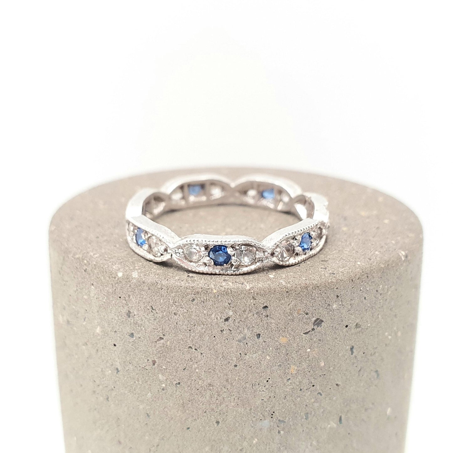 Antique Solid Silver Eternity Ring Blue & White Spinel 1920s Genuine Gemstone Band Stacker Fine Rare Full Estate Womens Jewelry Jewellery