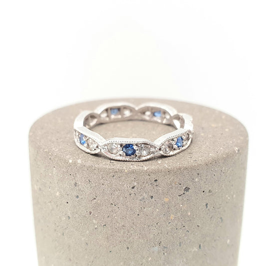 Antique Solid Silver Eternity Ring Blue & White Spinel 1920s Genuine Gemstone Band Stacker Fine Rare Full Estate Womens Jewelry Jewellery