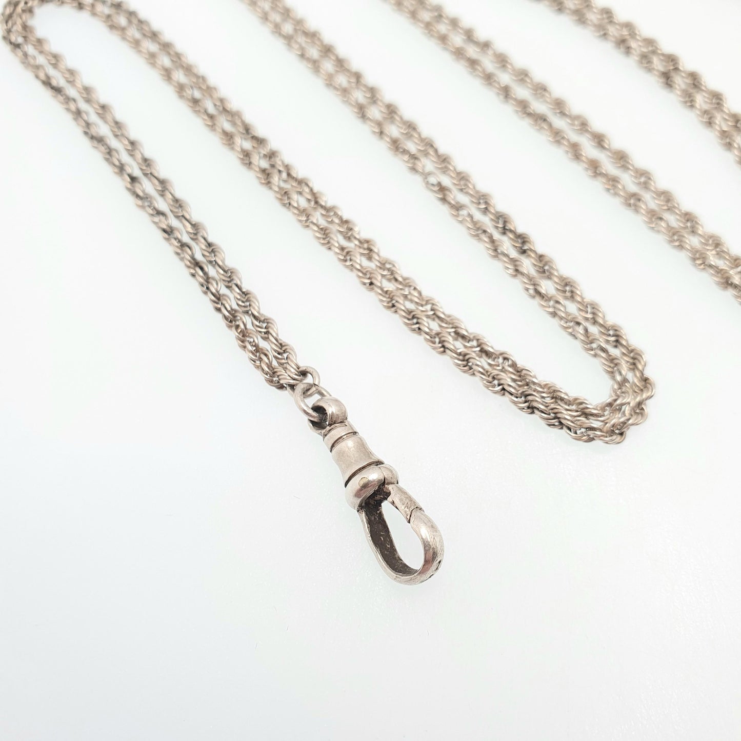 Antique Victorian Muff Chain Sterling Silver Necklace Dog Clip 146cm 21.63g Rope Link Vintage