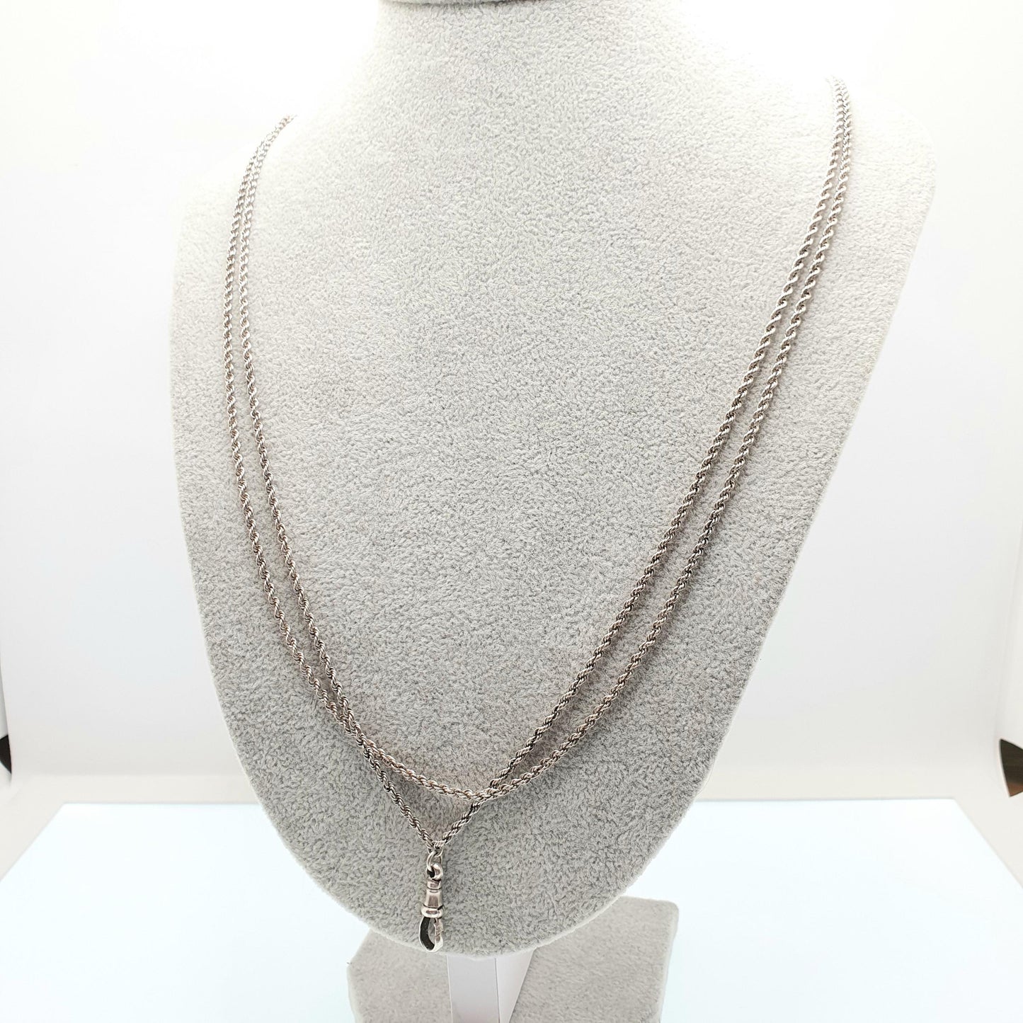 Antique Victorian Muff Chain Sterling Silver Necklace Dog Clip 146cm 21.63g Rope Link Vintage