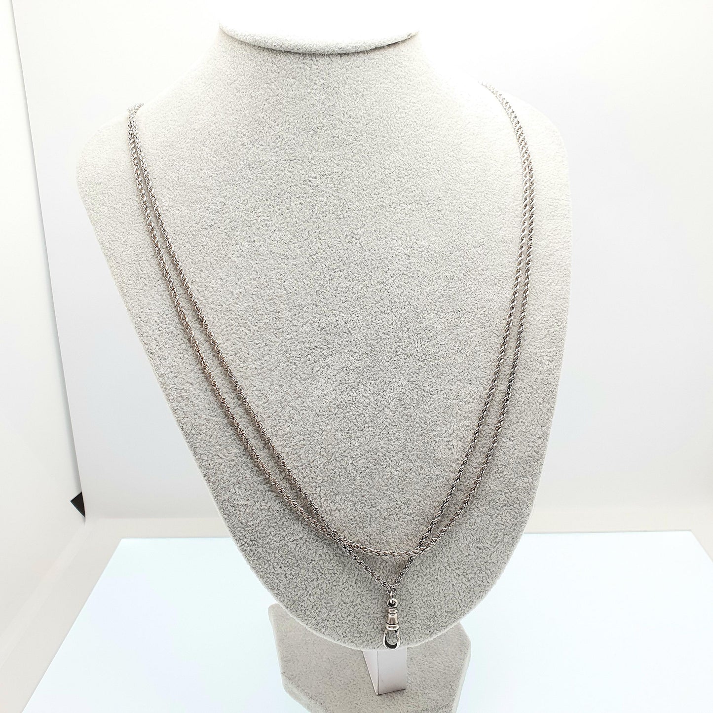Antique Victorian Muff Chain Sterling Silver Necklace Dog Clip 146cm 21.63g Rope Link Vintage