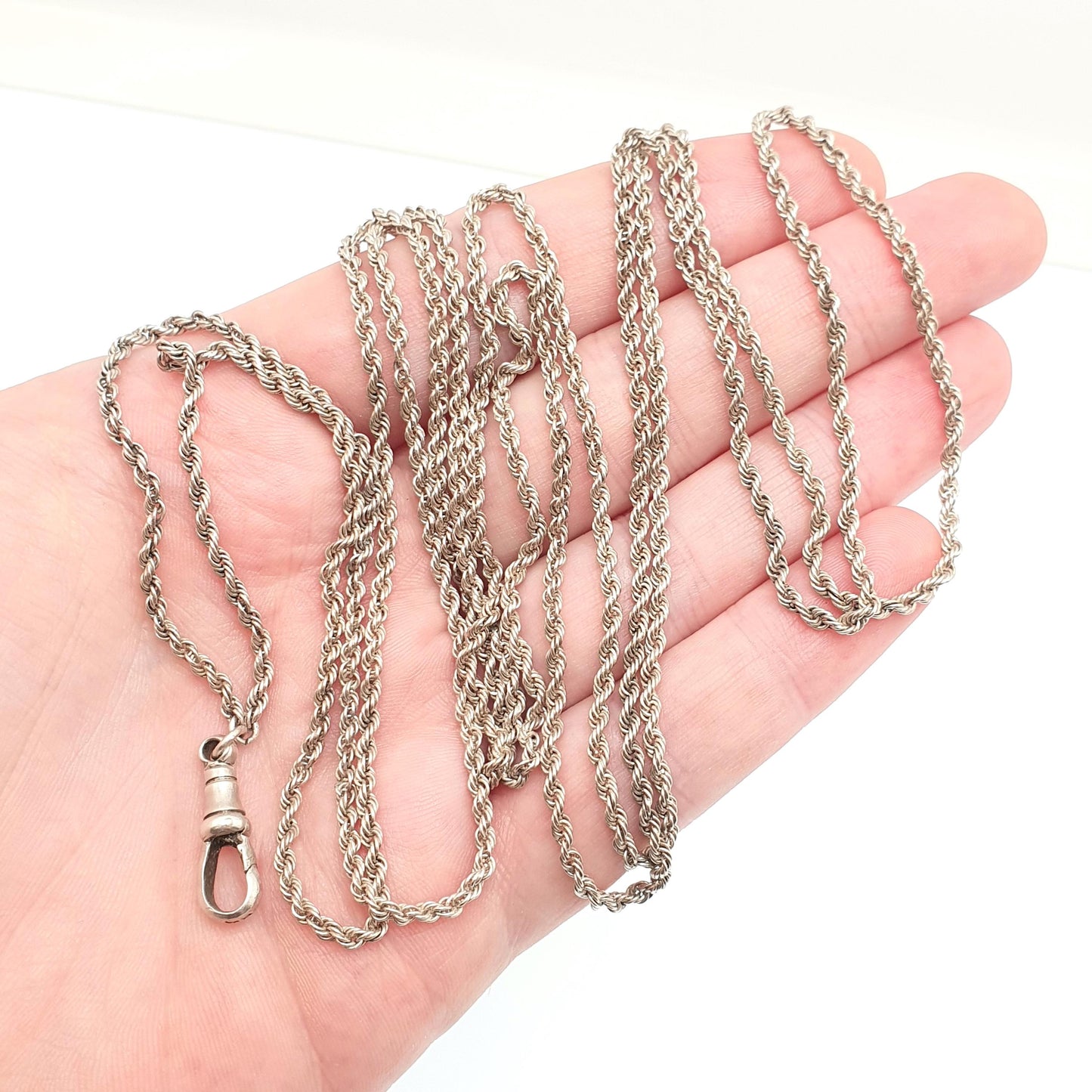 Antique Victorian Muff Chain Sterling Silver Necklace Dog Clip 146cm 21.63g Rope Link Vintage