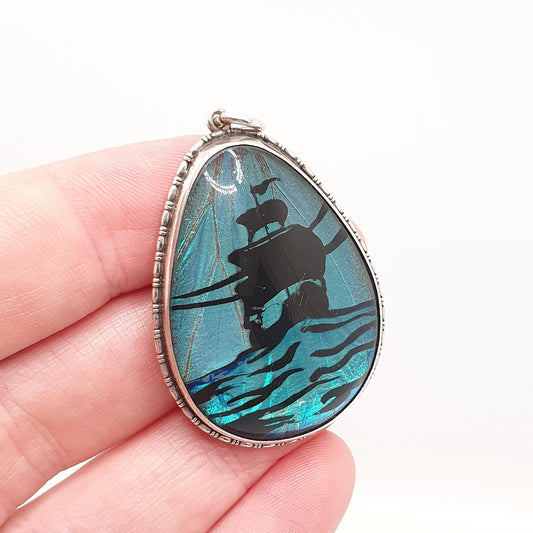 Antique Butterfly Wing Sterling Silver Necklace Pendant Galleon Ship Sailing Sea Art Deco Vintage 1920s Blue Bug Insect Jewelry Jewellery