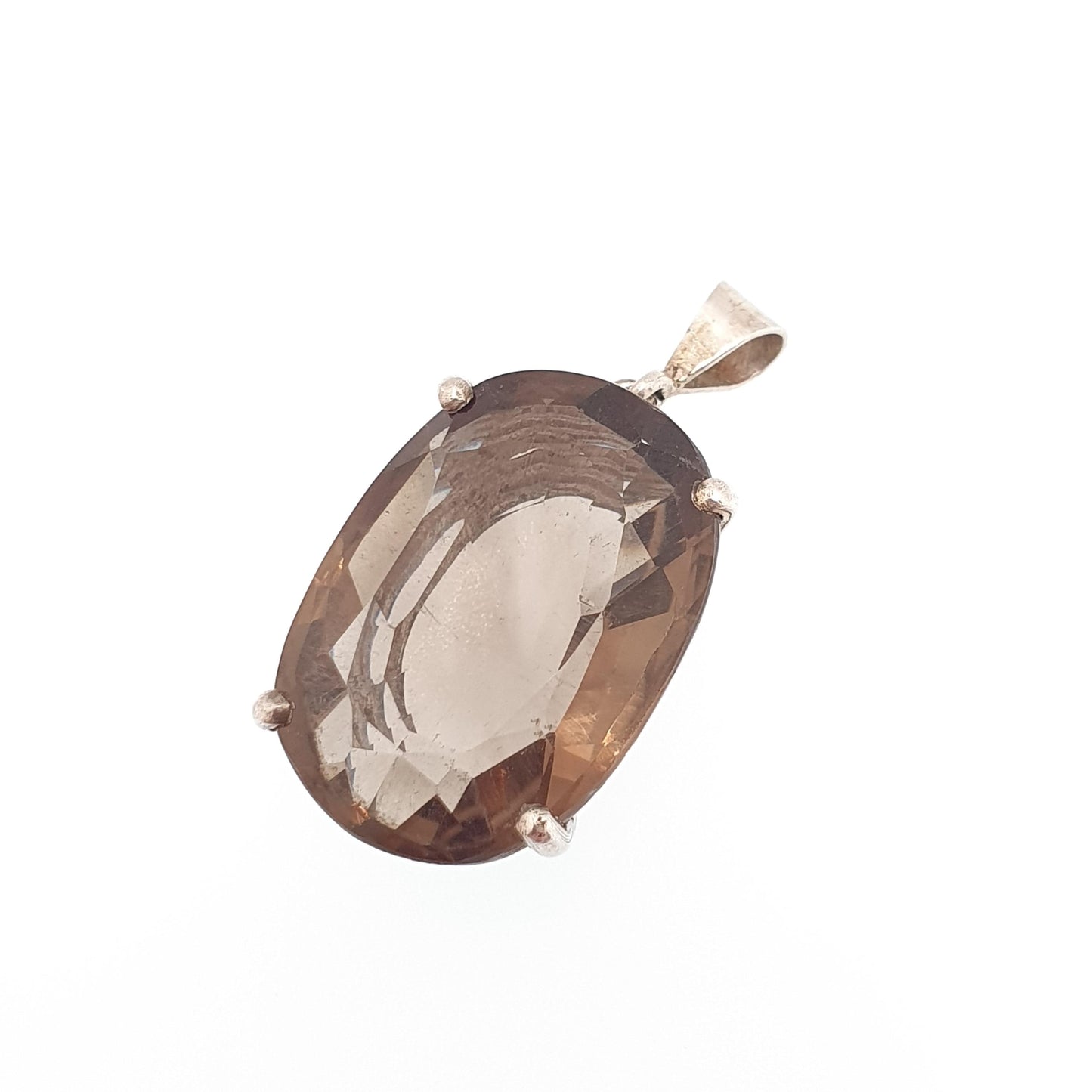 Antique Smoky Quartz Solid Silver Pendant Necklace Art Deco Oval Cut Large Big Dark Brown Gemstone Genuine Vintage Womens Jewelry Jewellery