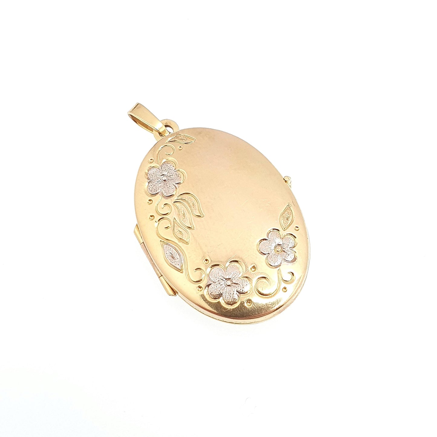 Vintage 9k 9ct Gold Locket Large Oval All Solid 9 Carat 375 Gold White Gold Flower Necklace Hallmark Photo Picture Pendant Jewelry Jewellery