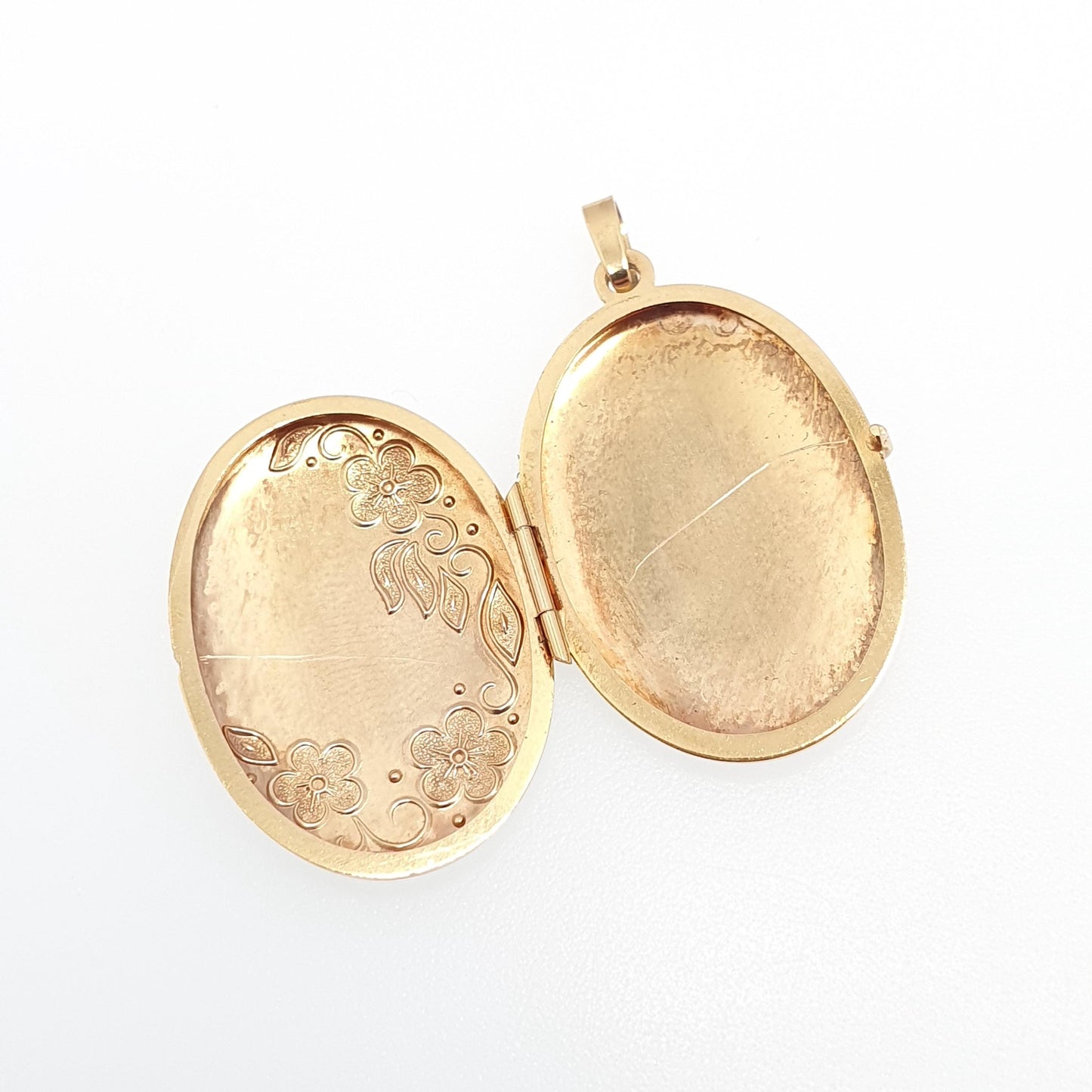 Vintage 9k 9ct Gold Locket Large Oval All Solid 9 Carat 375 Gold White Gold Flower Necklace Hallmark Photo Picture Pendant Jewelry Jewellery