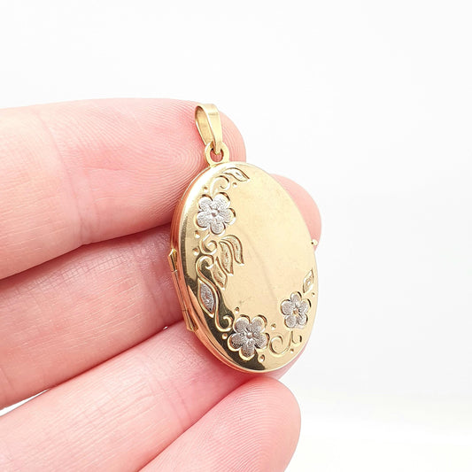 Vintage 9k 9ct Gold Locket Large Oval All Solid 9 Carat 375 Gold White Gold Flower Necklace Hallmark Photo Picture Pendant Jewelry Jewellery