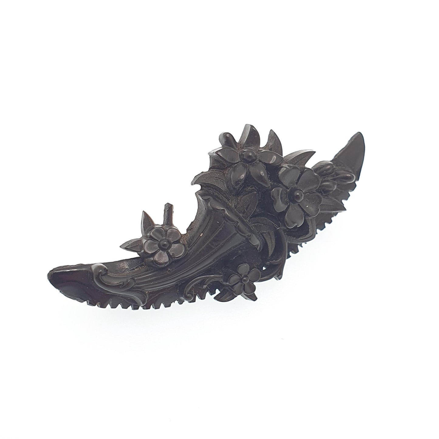 Antique Victorian Whitby Jet & Vulcanite Brooch Flower Bouquet Mourning Crescent Moon Genuine Handmade Jewelry Jewellery Vintage Womens