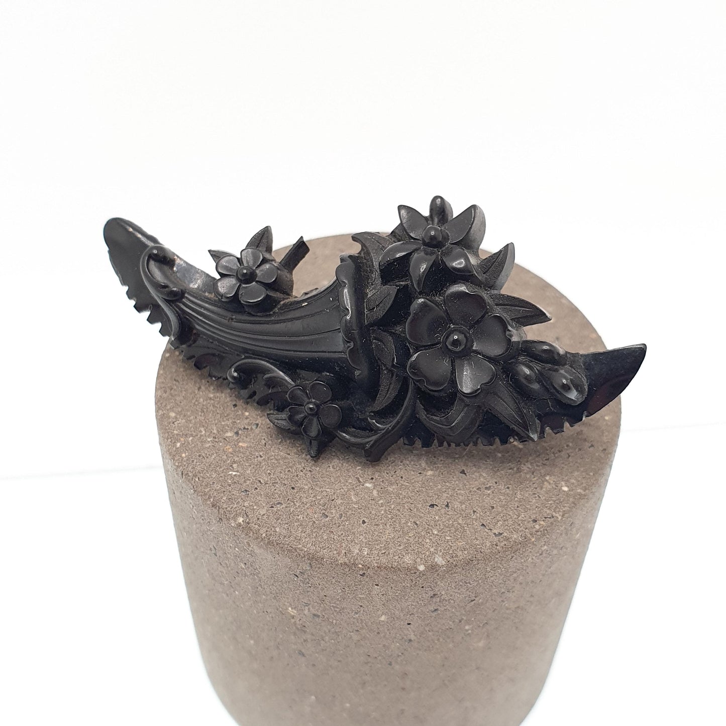Antique Victorian Whitby Jet & Vulcanite Brooch Flower Bouquet Mourning Crescent Moon Genuine Handmade Jewelry Jewellery Vintage Womens