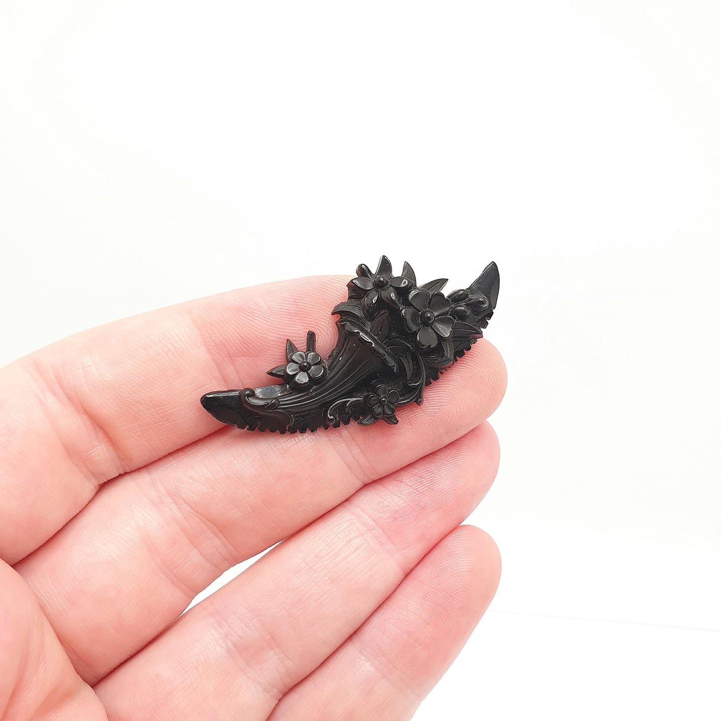 Antique Victorian Whitby Jet & Vulcanite Brooch Flower Bouquet Mourning Crescent Moon Genuine Handmade Jewelry Jewellery Vintage Womens