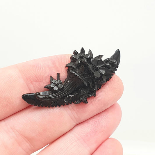 Antique Victorian Whitby Jet & Vulcanite Brooch Flower Bouquet Mourning Crescent Moon Genuine Handmade Jewelry Jewellery Vintage Womens