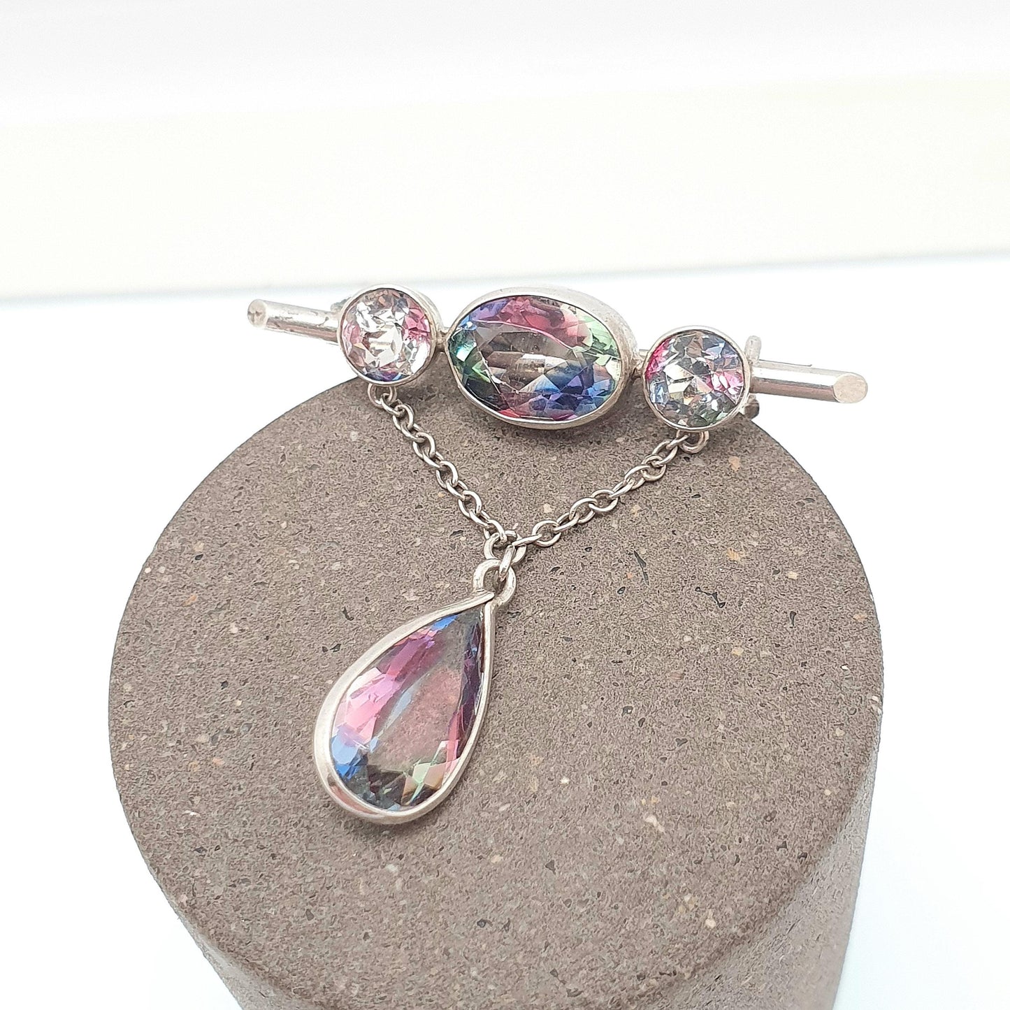 Antique Iris Rainbow Glass Solid Silver Brooch Pin Tutti Frutti Hanging Oval Cut Pear Cut Edwardian Vintage Womens Jewellery Jewelry