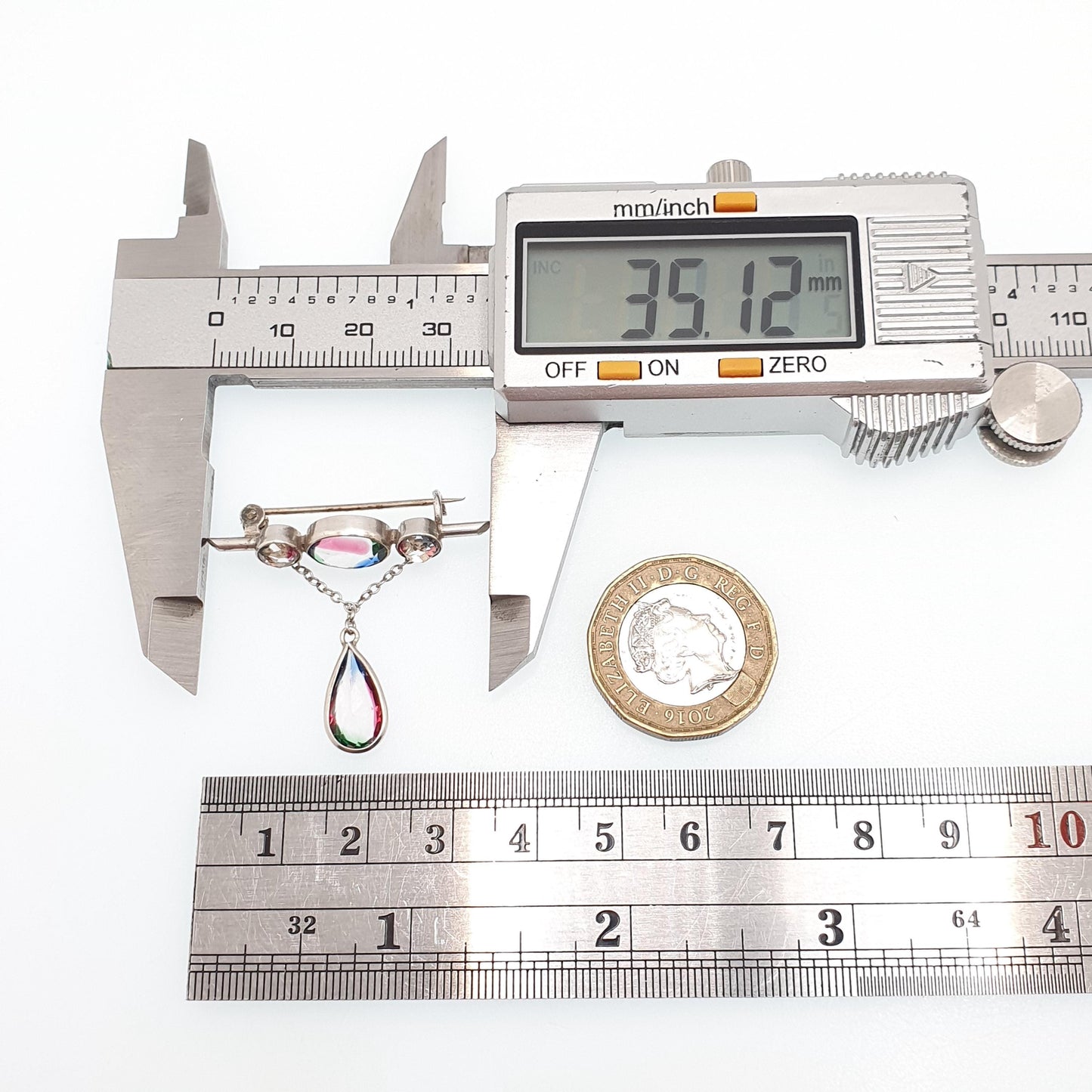 Antique Iris Rainbow Glass Solid Silver Brooch Pin Tutti Frutti Hanging Oval Cut Pear Cut Edwardian Vintage Womens Jewellery Jewelry