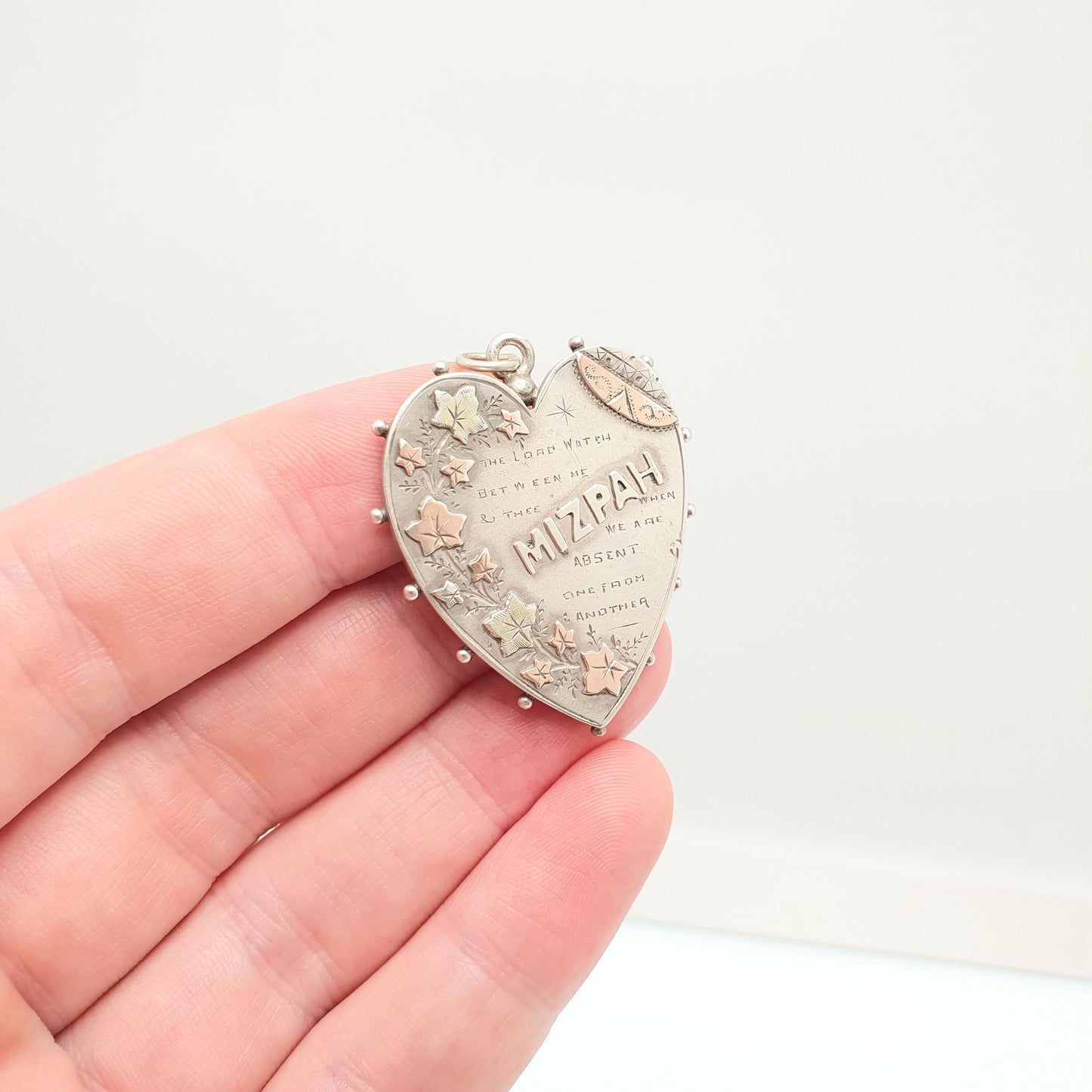 Antique Victorian MIZPAH Sterling Silver Heart Pendant Necklace Gold Highlights Large 1890 Hallmark The Lord Watch Jewelry Vintage Jewellery