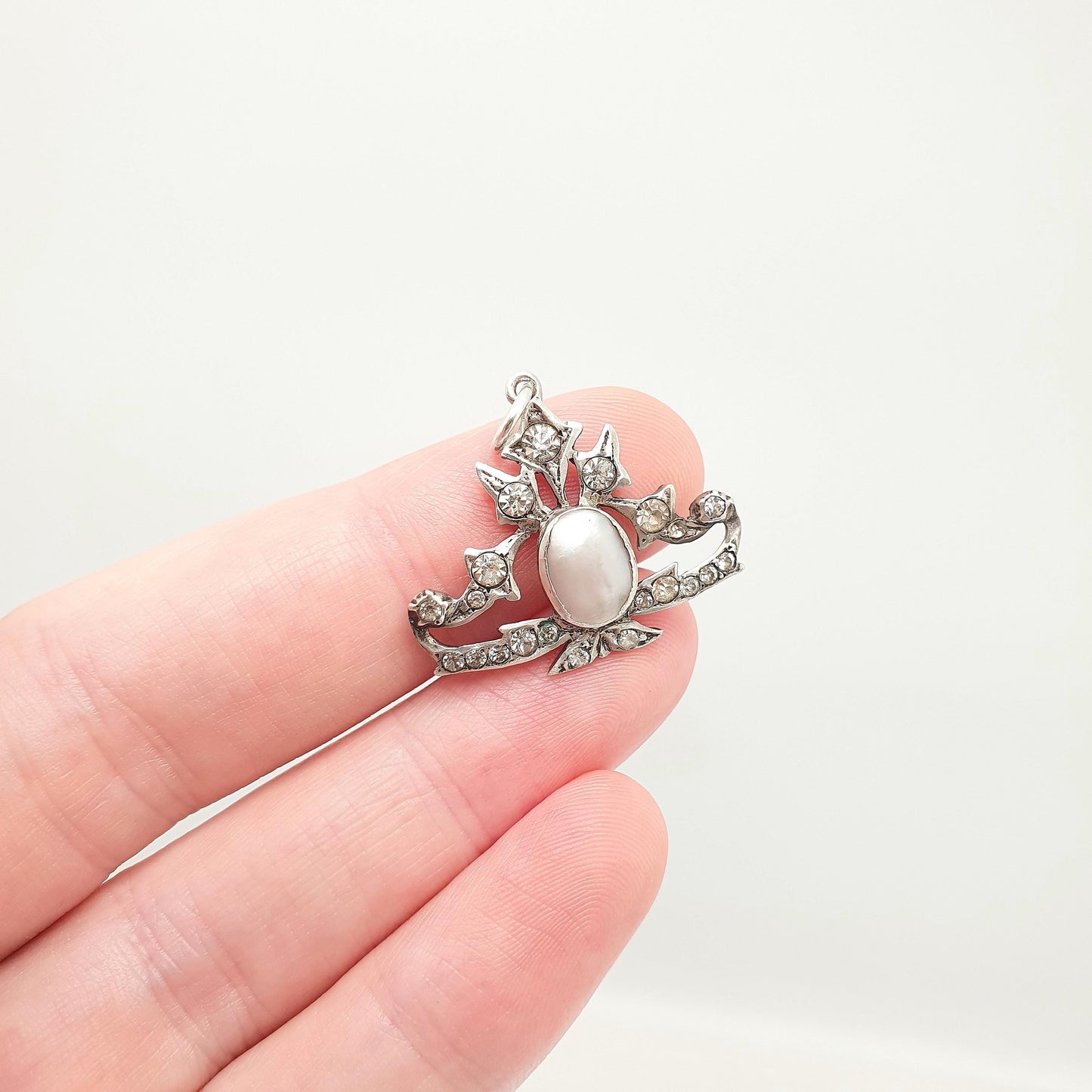 Antique Solid Silver Victorian Diamond Paste Necklace Pendant Mother of Pearl Centre Shell Art Nouveau Vintage Ornate Jewellery Jewelry