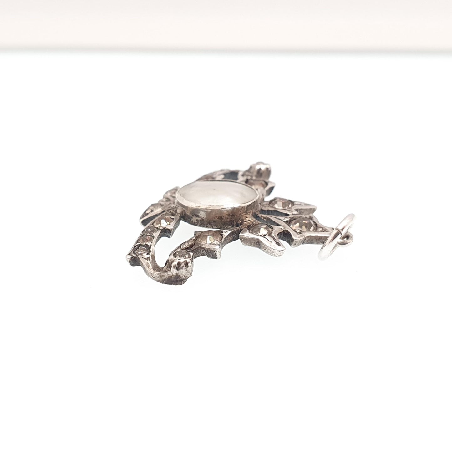 Antique Solid Silver Victorian Diamond Paste Necklace Pendant Mother of Pearl Centre Shell Art Nouveau Vintage Ornate Jewellery Jewelry