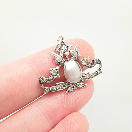 Antique Solid Silver Victorian Diamond Paste Necklace Pendant Mother of Pearl Centre Shell Art Nouveau Vintage Ornate Jewellery Jewelry