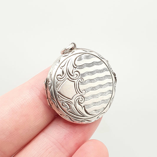 Antique Sterling Silver Round Locket Pendant Necklace 1910s Circle Engraved Solid 925 Vintage Picture Photo Womens Jewelry Jewellery