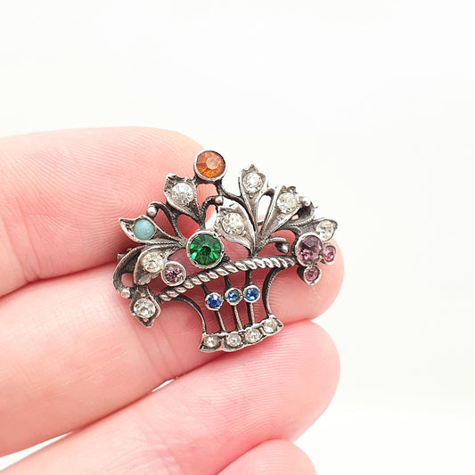 Antique Sterling Silver Paste Brooch Paste Little Garden Flower Basket Giardinetti Multi Coloured Vintage Womens Jewelry Jewellery