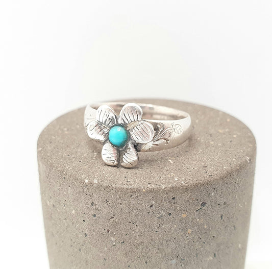 Antique Victorian Solid Silver Turquoise Ring Forget Me Not Natural Gemstones Flower Floral Signet Vintage 1800s Rare Genuine Jewelry
