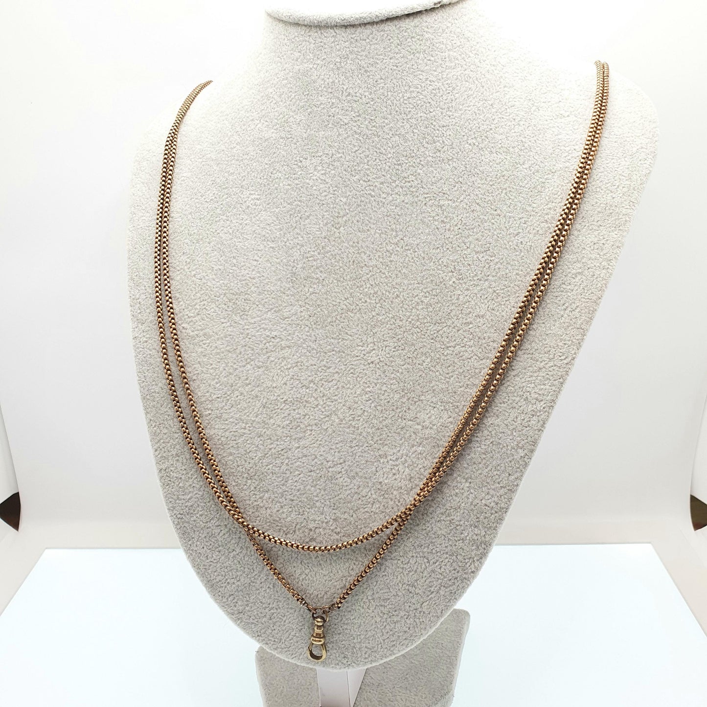 Antique Victorian Muff Chain Necklace Rounded Box Link Dog Clip Gold Gilt Tone Very Long 144cm 20.34g 1800s Guard Vintage Womens